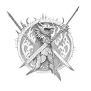 Incorporate the Dragonslayer sword from Berserk into a dotwork composition with swirling patterns and textures tattoo design idea