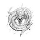 Incorporate the Dragonslayer sword from Berserk into a dotwork composition with swirling patterns and textures tattoo design idea