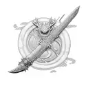 Incorporate the Dragonslayer sword from Berserk into a dotwork composition with swirling patterns and textures tattoo design idea