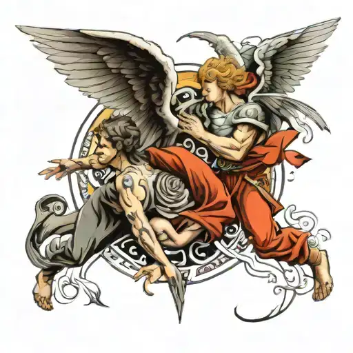Angels and deamons fighting, life and death, money and family,  tattoo design idea