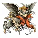 Angels and deamons fighting, life and death, money and family,  tattoo design idea