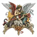 Angels and deamons fighting, life and death, money and family,  tattoo design idea