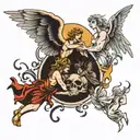 Angels and deamons fighting, life and death, money and family,  tattoo design idea
