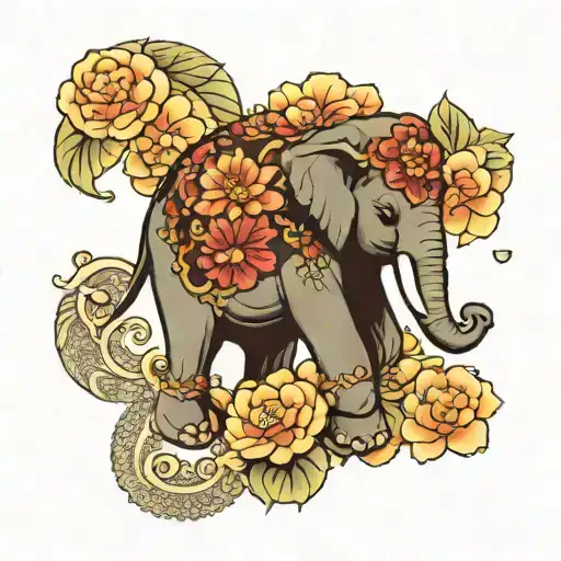 elephant, flowers and temple in Japanese and yakuza style tattoo design idea