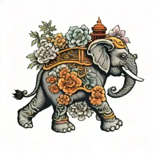 elephant, flowers and temple in Japanese style, yakuza tattoo design idea