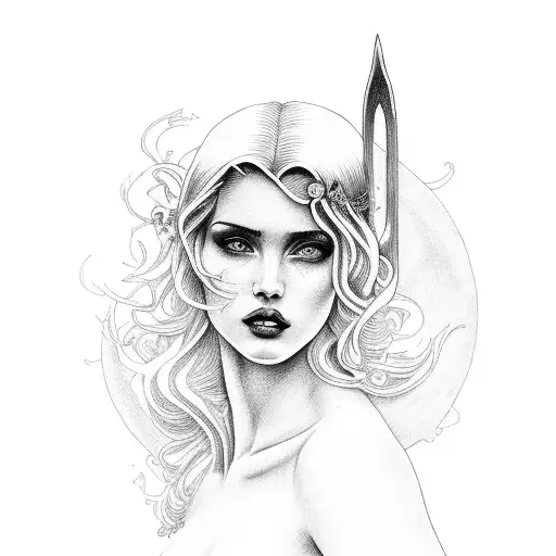 Aphrodite with a grim reaper holding her tattoo design idea