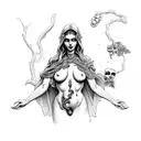Aphrodite with a grim reaper holding herby the throat. not nude. tattoo design idea