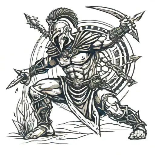 A spartan with arrows in his back , kneeling with his sword in the ground  lifting himself up with it tattoo design idea