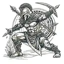 A spartan with arrows in his back , kneeling with his sword in the ground  lifting himself up with it tattoo design idea
