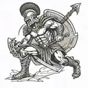 A spartan with arrows in his back , kneeling with his sword in the ground  lifting himself up with it tattoo design idea