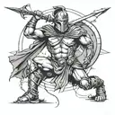 A spartan with arrows in his back , kneeling with his sword in the ground  lifting himself up with it tattoo design idea