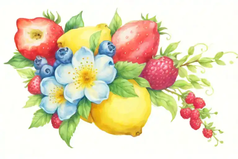 bouquet of flowers, lemons, blueberry, and strawberries  tattoo design idea