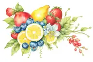 bouquet of flowers, lemons, blueberry, and strawberries  tattoo design idea