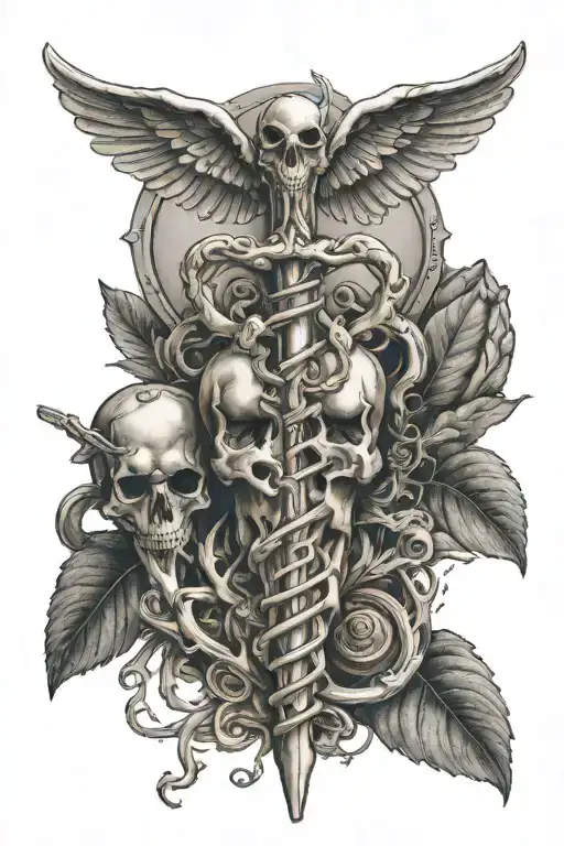 caduceus made of human bone hand holding tattoo design idea