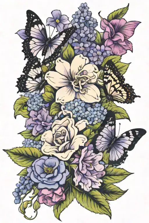 bunch of flower with a purple larkspurs, dahilia jitterbug, blue primrose, sweet pea, violet, hydrangea and a butterfly tattoo design idea