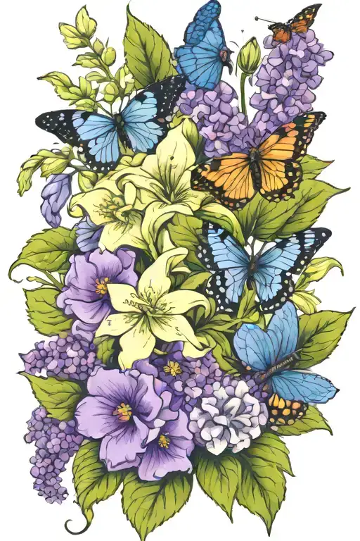 bunch of flower with a purple larkspurs, dahilia jitterbug, blue primrose, sweet pea, violet, hydrangea and a butterfly tattoo design idea