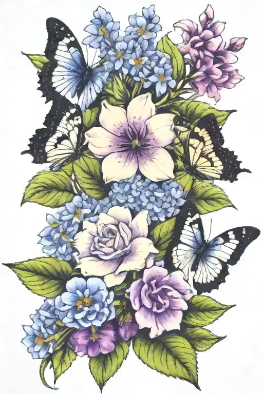 one purple larkspurs one dahilia jitterbug one blue primrose one sweet pea one violet, one hydrangea and one butterfly tattoo design idea