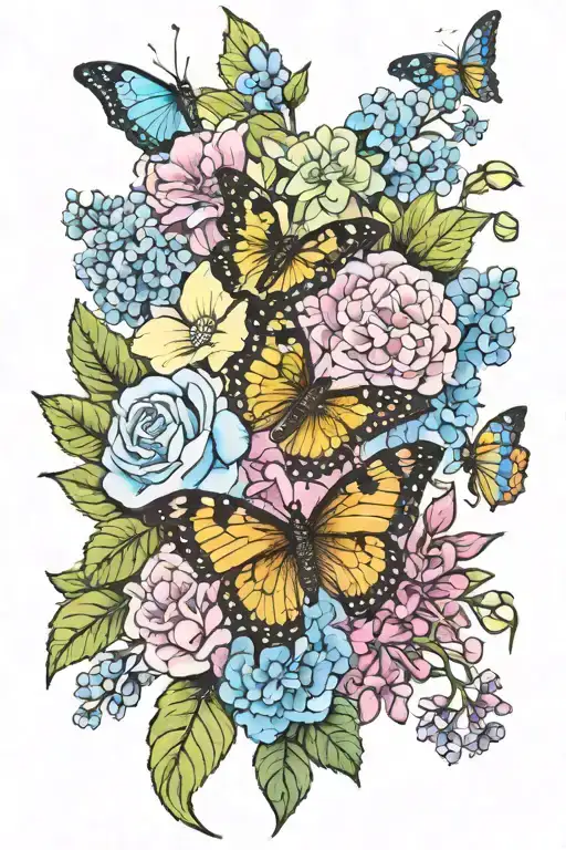 bouquet of flower with a Purple Larkspurs, Dahilia Jitterbug, Blue Primrose, Sweet Pea, Violet, Hydrangea and a butterfl tattoo design idea