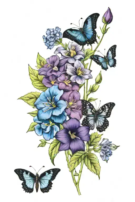one purple larkspurs one dahilia jitterbug one blue primrose one sweet pea one violet, one hydrangea and one butterfly tattoo design idea