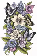 bunch of flower with a purple larkspurs, dahilia jitterbug, blue primrose, sweet pea, violet, hydrangea and a butterfly tattoo design idea