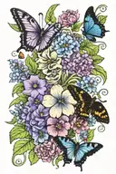 bunch of flower with a purple larkspurs, dahilia jitterbug, blue primrose, sweet pea, violet, hydrangea and a butterfly tattoo design idea