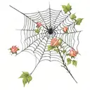 spider webs with roses and thorns with small elegant looking spider  tattoo design idea