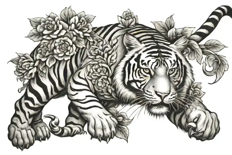 tiger walking flowers intertwined tattoo design idea
