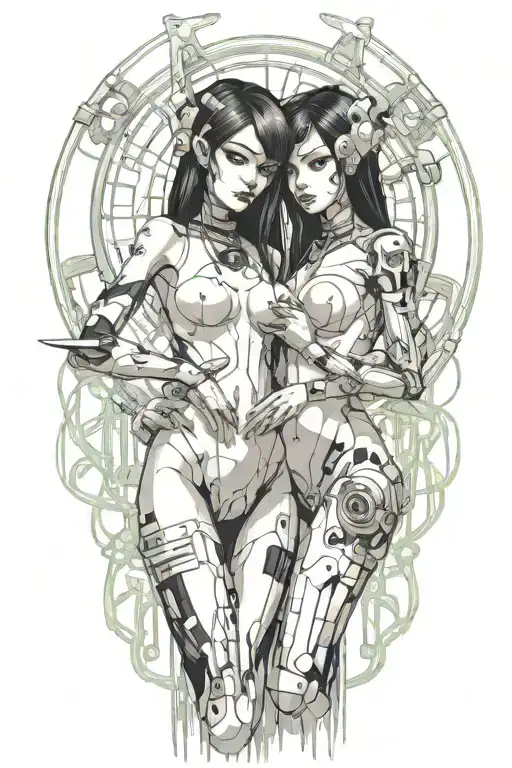 nude goth cyborg gemini sisters facing tattoo design idea