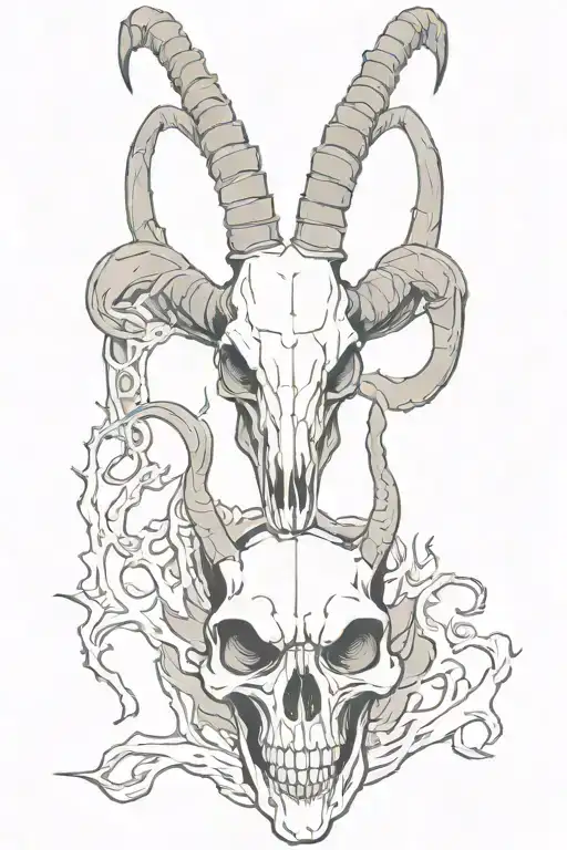 A goat skull with six horns, in the background a close-up of a burning church, surrounded by lords of hell, with a penta tattoo design idea