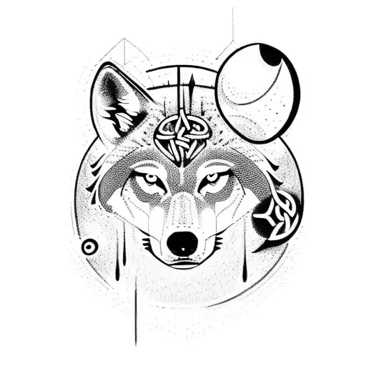 A dotwork design of a wolf surrounded by symbols representing engineering and Norse mythology tattoo design idea