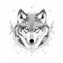 A dotwork design of a wolf surrounded by symbols representing engineering and Norse mythology tattoo design idea