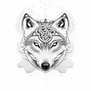 A dotwork design of a wolf surrounded by symbols representing engineering and Norse mythology tattoo design idea