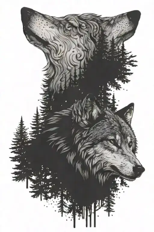 half wolf face (calm) with other half a forest scene  tattoo design idea