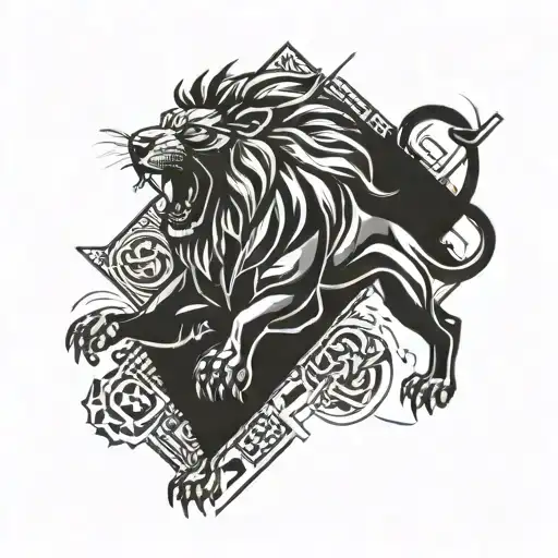 A blackwork tattoo design of a roaring lion surrounded by geometric symbols of luck and fortune, symbolizing your interest in gambling and money tattoo design idea