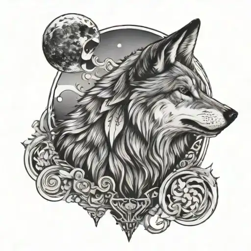 A black-grey tattoo design of a howling wolf with a full moon in the background, incorporating subtle elements of alcohol bottles and casino cards, reflecting your love for music and nightlife tattoo design idea