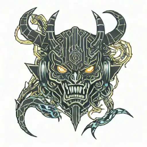 Circuit Cyberpunk Oni Demon Mask with a dragon breathing fire tattoo design idea