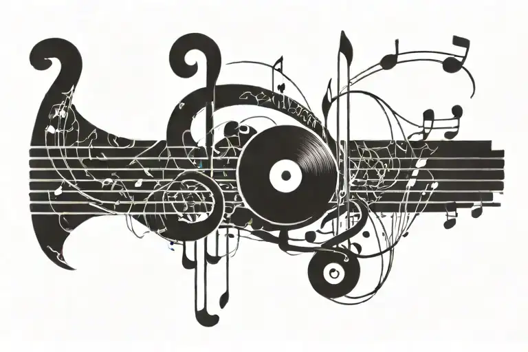 Tape record, Vinyl, bass clef, Music notes,E-Bass tattoo design idea