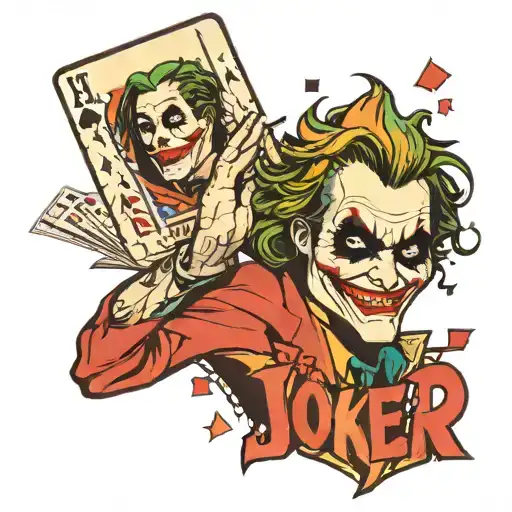 joker holding a ace card infront of his face with the letters ha ha around him tattoo design idea
