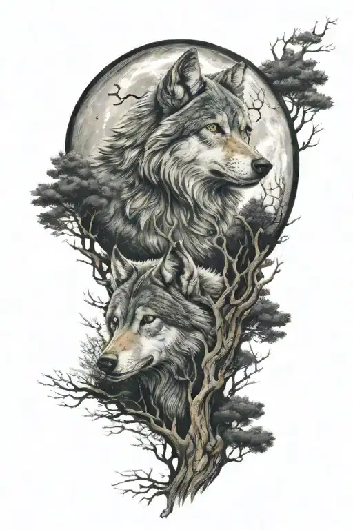 night forest wolf tattoo moon arm sleeve tattoo design idea