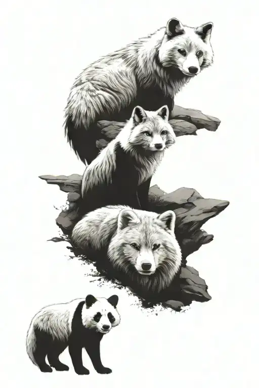 fox and Wolf and panda bear tattoo design idea