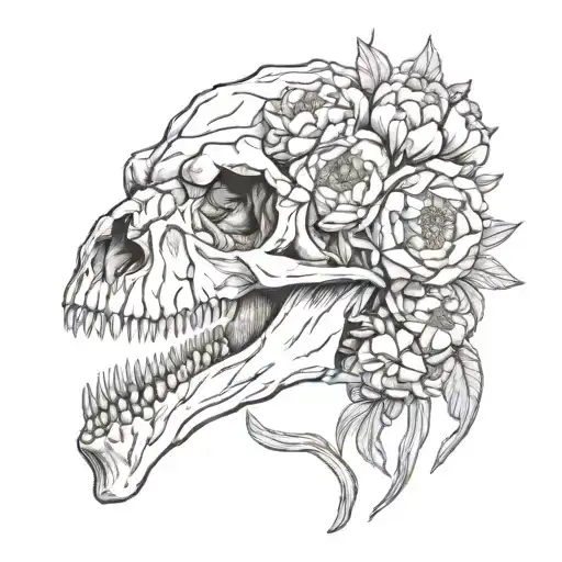 dinosaur skull peonies blooming tattoo design idea