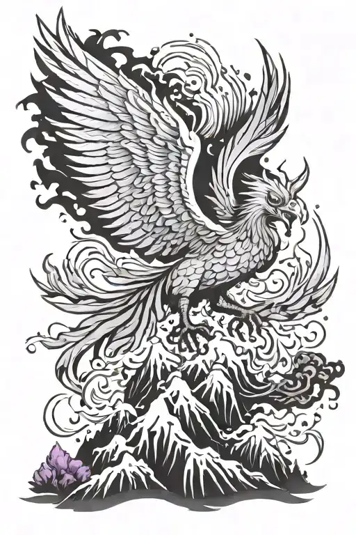 Make me a half sleeve tattoo with a phoenix rising from the ashes, over a mountain range with trees, japanese style, wit tattoo design idea