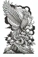 Make me a half sleeve tattoo with a phoenix rising from the ashes, over a mountain range with trees, japanese style, wit tattoo design idea