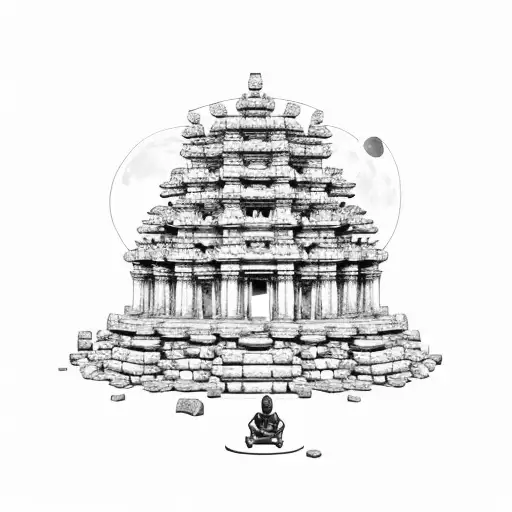 A meditating figure surrounded by temple ruins with a full moon illuminating the scene tattoo design idea