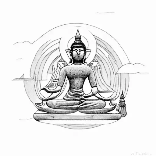 A meditating figure surrounded by temple ruins with a full moon illuminating the scene tattoo design idea