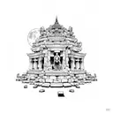 A meditating figure surrounded by temple ruins with a full moon illuminating the scene tattoo design idea