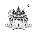A meditating figure surrounded by temple ruins with a full moon illuminating the scene tattoo design idea