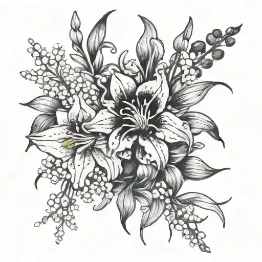 aster, gladiolus, lily of the valley intertwined tattoo design idea