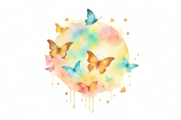 universe with several planets, one large one that highlights very small and delicate stars and butterflies tattoo design idea