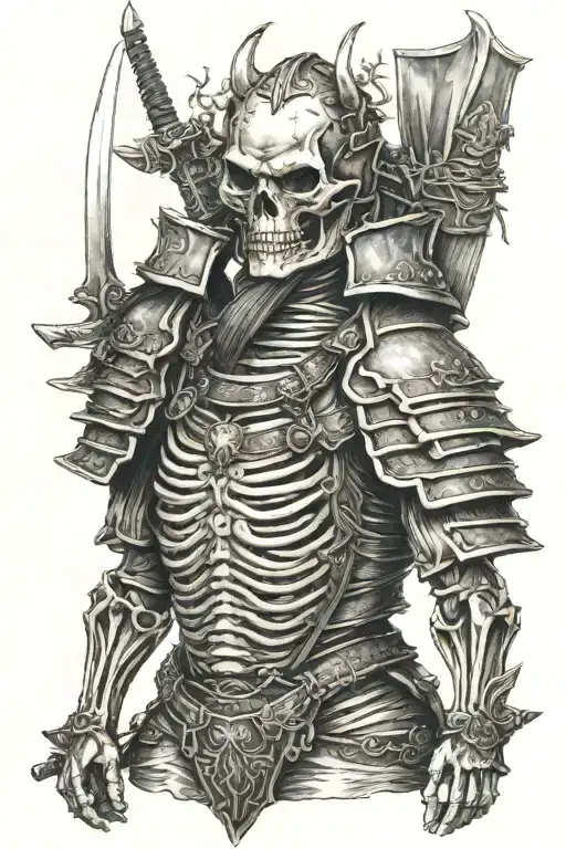 skeleton wearing samurai armor tattoo design idea